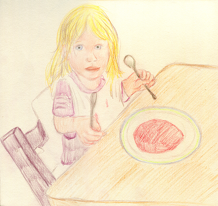  Bärbel Klingel: Buntstift-Zeichnung: Emilia löffelt Suppe